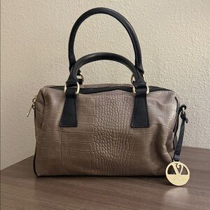 Valentina Taupe Croc-Embossed Satchel Handbag with Black Trim